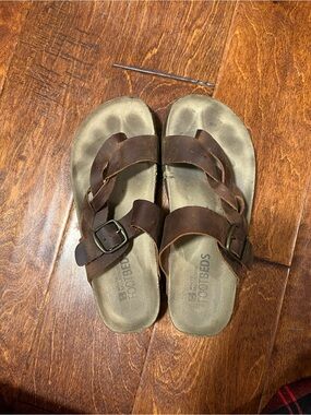 White Mountain Footbeds Brown Leather Braided Strap Slide Sandals